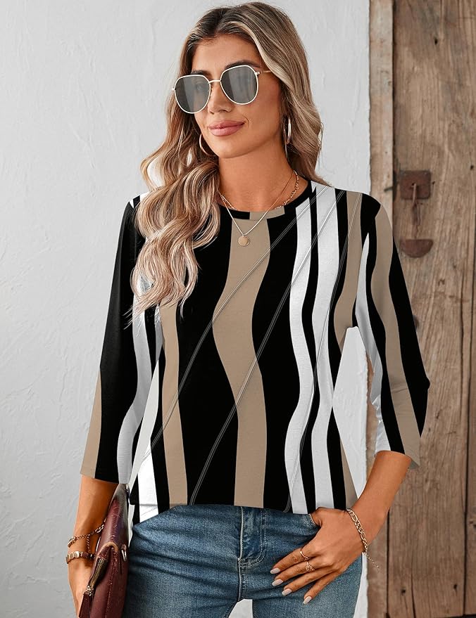 LOMON 3/4 Length Sleeve Womens Tops Spring Summer Fashion 2026 Tops Crew Neck Pleated Shirts Tunic Top Loose Fit