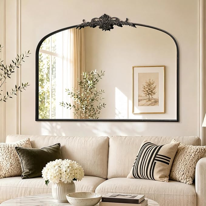 Besdomus Antique Arch Black Mirror: 55"x36" Extra Large Decorative Mirrors | French Vintage Baroque Ornate Metal Frame for Home Renovation - Ideal for Double Vanity/Entryway/Fireplace Mantel/Living Room