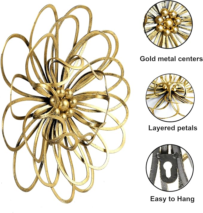 Remenna Metal Flowers Wall Decor, Metal Rustic Wall Art Decoration Farmhouse Wall Decorations Multiple Floral Hanging Decor for Bathroom Living Room Home Office Garden Kitchen 13inch (Rustic Gold)