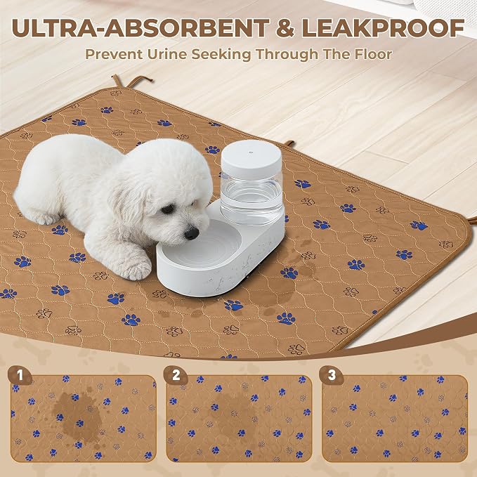Fostanfly Washable Dog Pee Pads, Ultra-Absorbent, 36"x41"-2 Pack, Brown | Leak-Proof, Waterproof, Non-Slip, Large Reusable Pee Pads for Puppy Potty Training, Crate and Playpen with 8 Tie Straps
