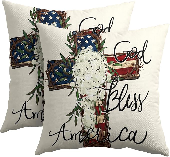 God Bless America Stars Stripes Pillow Covers 22X22 Inch Set of 2 4th of July Patriotic Floral Decorative Pillow Cases Independence Memorial Day Cushion Case Holiday Home Decor for Sofa Couch Bed