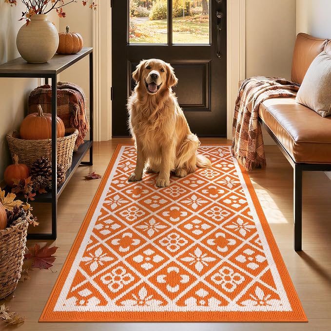 Ileading Fall Indoor Door Mat Washable Orange Muddy Mats for Dogs 3x5ft