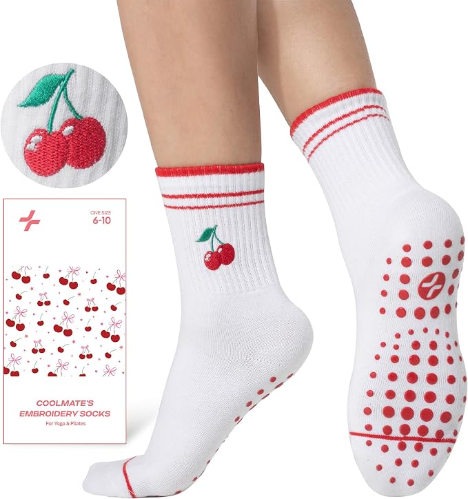 COOLMATE Pilates Socks with Grips for Women, Yoga Socks, Crew Non Slip Women for Barre, Pilates Gifts for Women