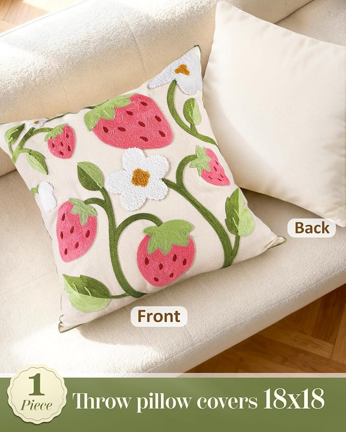 Embroidered Throw Pillow Cover 18x18 Inch, Branch Strawberry | Decorative Pillow Cover, Cottagecore Cushion Case with Hidden Zipper, Farmhouse Decor for Couch, Sofa, Living Room, Bedroom