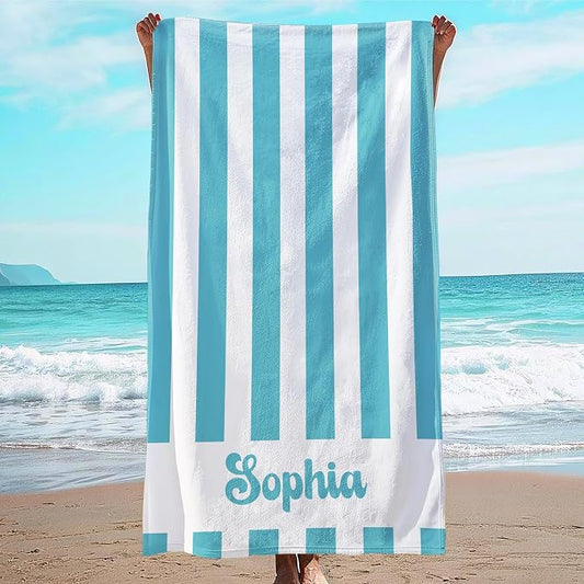 JML Personalized Beach Towel with Name, Custom Cabana Stripe Beach Towel, Customized Microfiber Pool Towel, Quick Dry & Absorbent Swim Towel for Adult,Anniversary, Birthday, Summer Holiday,Vacation