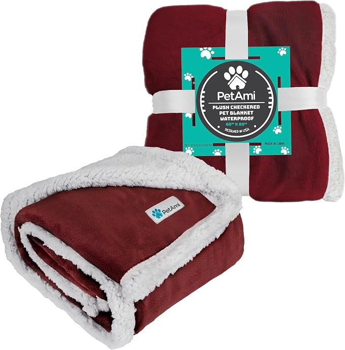 PetAmi Waterproof Dog Blanket for Small Dog Puppy Cat, 29x40, Wine Red | 460 GSM Sherpa Fleece Reversible, Pee Proof Pet Blanket, Furniture Protector Cover for Couch Sofa Kennel, Washable