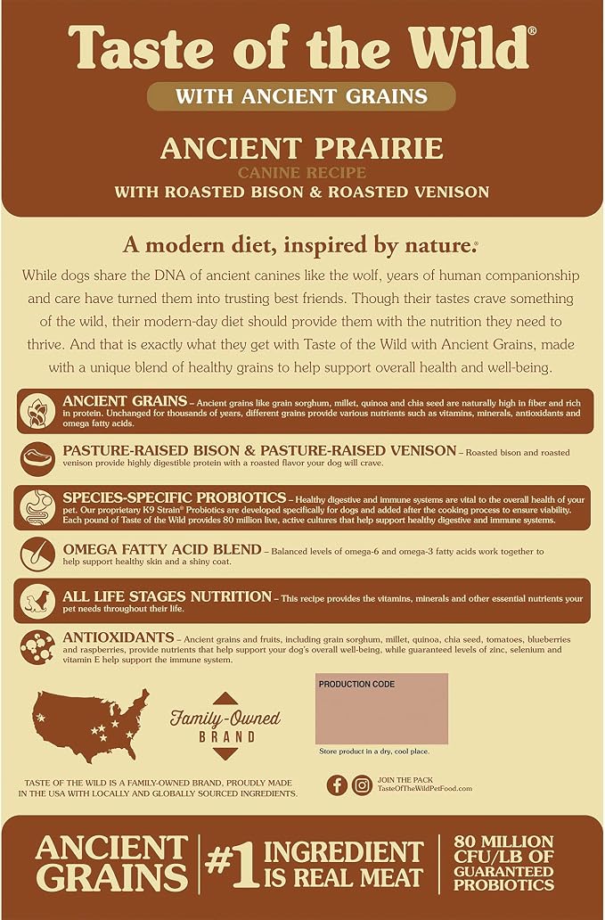 Taste of the Wild Ancient Prairie Dry Dog Food, Roasted Bison, 28lb | Puppy, Adult & Senior Dogs | High Protein | Roasted Bison & Ancient Grains | Nutrient Dense to Help Support Peak Health