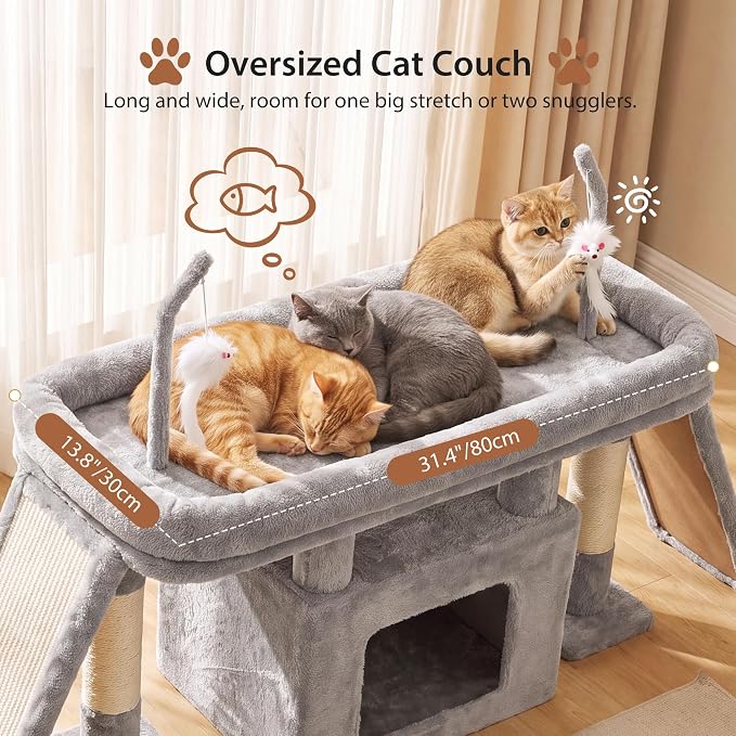 Heybly Cat Tree Extra-Long & Stable 2 Adjustable Scratch Boards HCT210SW | Easy-Climb Cat Tower with Dual-Leg Floor Condo, Sturdy Cat Furniture with Extra Wide Platform & Interactive Toys, Light Gray