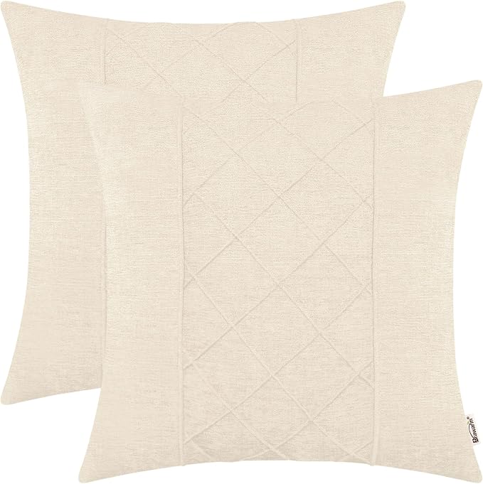 BRAWARM Chenille Throw Pillow Covers 22x22 Inches, Cream, 2 Pack | Decorative Pleated Pillow Covers, Soft Cushion Cases for Sofa Bed Living Room Home Farmhouse (No Insert)