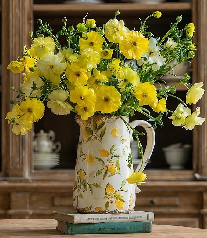 Vintage Lemon Ceramic Vase with Handle, Retro Ice Glazed Crack Farmhouse Pitcher Vase for Home Decor, Living Room, Shelf, Office, Rustic Table Centerpiece 9 Inch