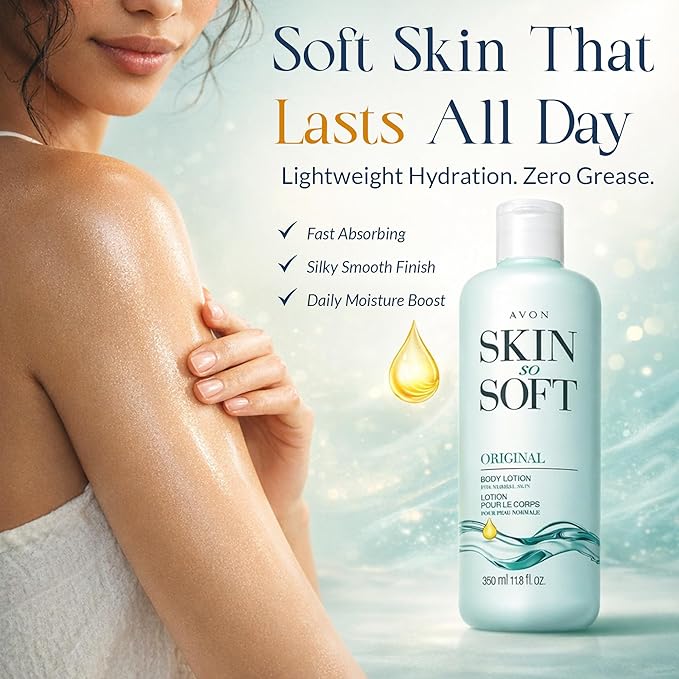Avon Skin So Soft Original Body Lotion for Women, Paraben-Free Moisturizing Hand and Body Lotion for Dry Skin with Jojoba Oil, Non-Greasy Lightweight Body Moisturizer, 24-Hour Hydration, 11.8 fl oz