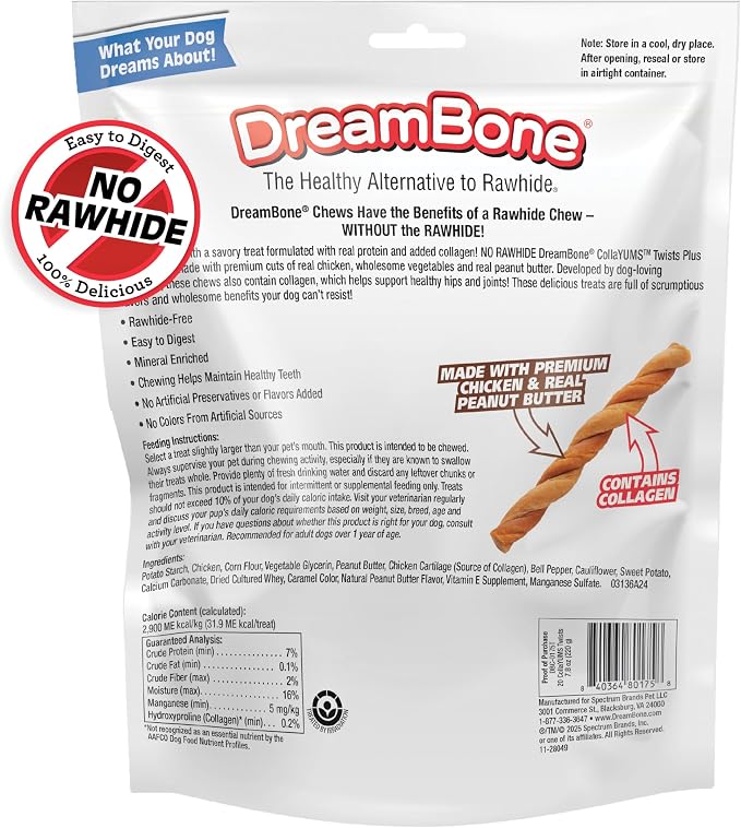 DreamBone CollaYUMS Twists Plus Collagen Rawhide-Free Dog Treats, 20 Count | Supports Hip and Joint Health, Daily Chew, Digests Safely and Completely, With Real Chicken & Peanut Butter, For Adult Dogs