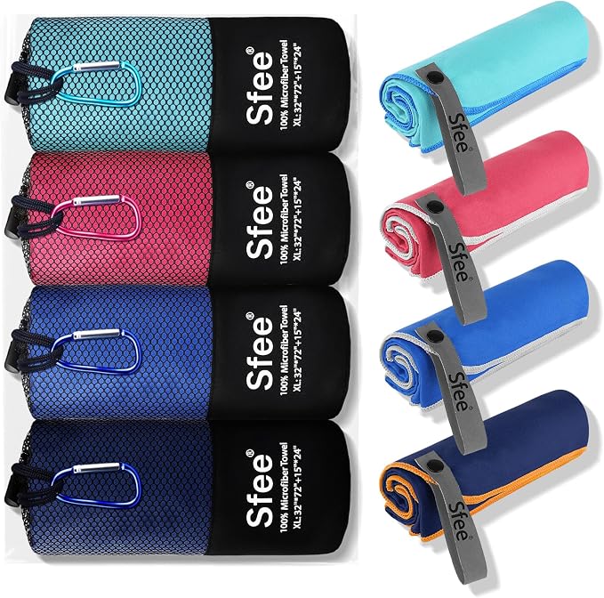 Sfee 4 Pack(8Pcs) Microfiber Travel Towel, Quick Dry Towel Camping Towel Large Beach Towel Super Absorbent Compact Lightweight Sports Gym Towels Set for Beach, Gym, Hiking, Pool, Backpacking,Bath,Yoga