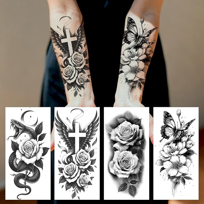 Yazhiji 92 Sheets Flower Temporary Tattoos For Women Arm Neck，Sunflower Serpent Peony Floral Rose Long Lasting Fake Tattoos For Adults Girl, Large Sexy Flowers Collection Waterproof Temporary Tattoos