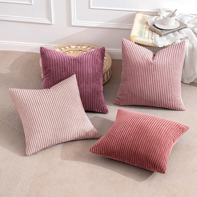MIULEE Soft Corduroy Decorative Throw Pillow Covers Purple Pink 18x18 | Set of 4, Shabby Chic Romantic Decor, Pink Gradient Matching, Boho Farmhouse Cushion Covers for Couch Bed Sofa Living Room