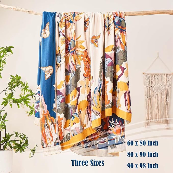 XIBLC Boho Throw Blanket, 100% Cotton Ultra Soft Luxury Throw Rustic Quilt, 60"x80" Floral Bird Butterfly Farmhouse Decor Bed Blankets, All Season Rustic Reversible Bohemian Throw for Bed - Yellow
