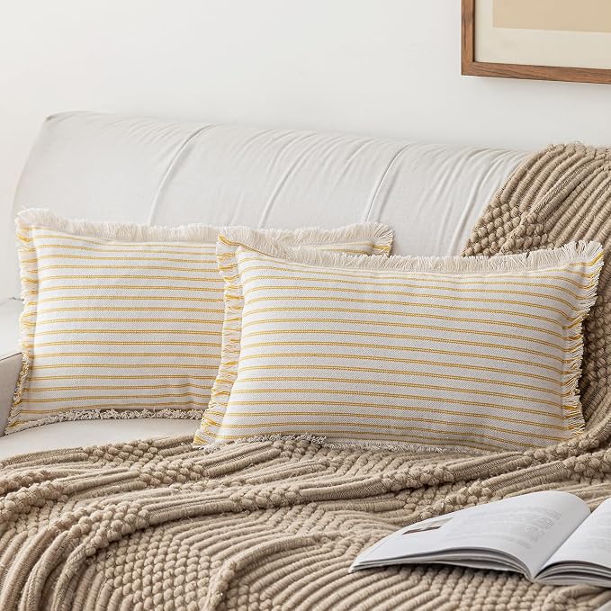 YEENAASY Throw Pillow Covers 12x20 Boho Striped Pillow Cases with Tassel | Set of 2 Fringe Pillow Cover Farmhouse Cushion Covers Neutral Pillows Decorative Lumbar Pillowcase for Couch Sofa Bed, Yellow