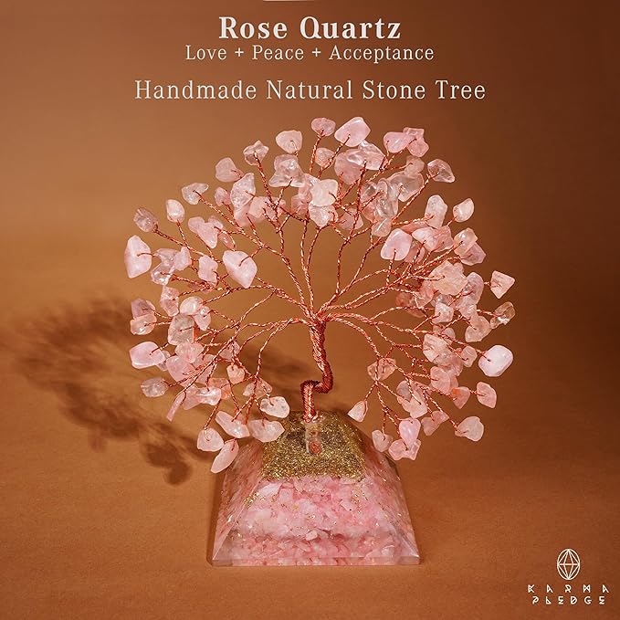 Rose Quartz Crystal Tree Good Luck Birthday Gifts for Women Mom Friends Sister Home and Office Desk Decor, Pyramid Base Reiki Healing Stones Chakra Tree of Life for Positive Energy, Money, Sucess