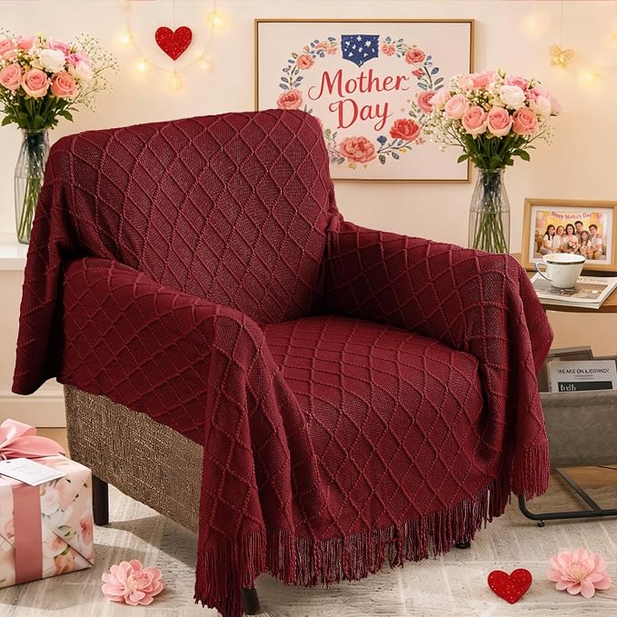 inhand Claret Knitted Throw Blanket for Couch and Bed, 60"x80" | Gifts for Mom from Daughter Son, Soft Lightweight with Tassel, Farmhouse Warm Decorative Blanket for Women, Cozy Knit
