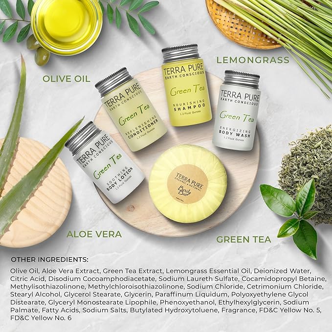 Terra Pure Hotel Soaps & Toiletries Bulk Set | 1-Shoppe Amenities Kit | 1oz Shampoo & Conditioner, Body Wash, Lotion, 1.25oz Bar Soap | Travel Size | 150 Pieces