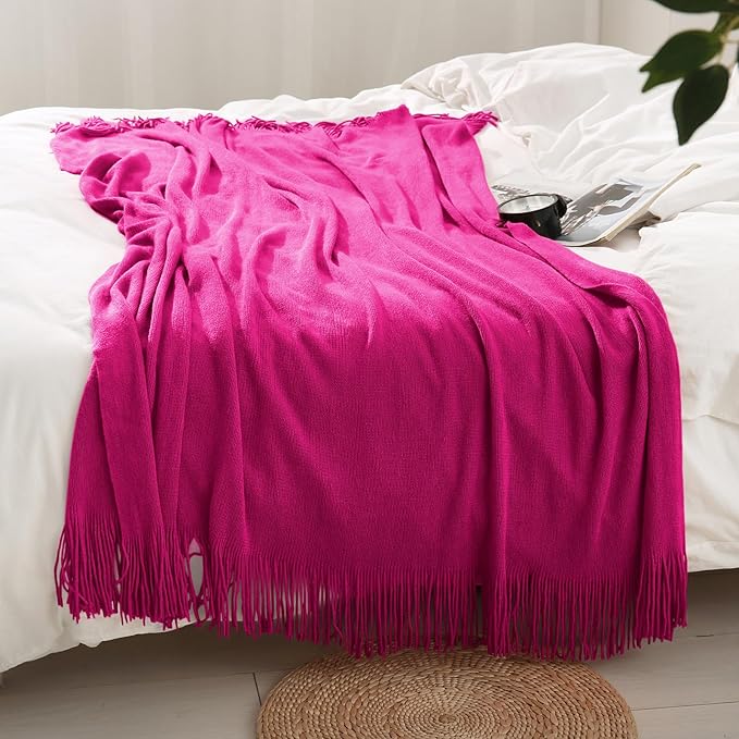 Homiest Dark Pink Knitted Throw Blanket with Fringe, 50x60 Inch | Pure Acrylic, Lightweight & Breathable, All-Season Use, Machine Washable, Wrinkle & Fade Resistant, for Couch Sofa And Bed