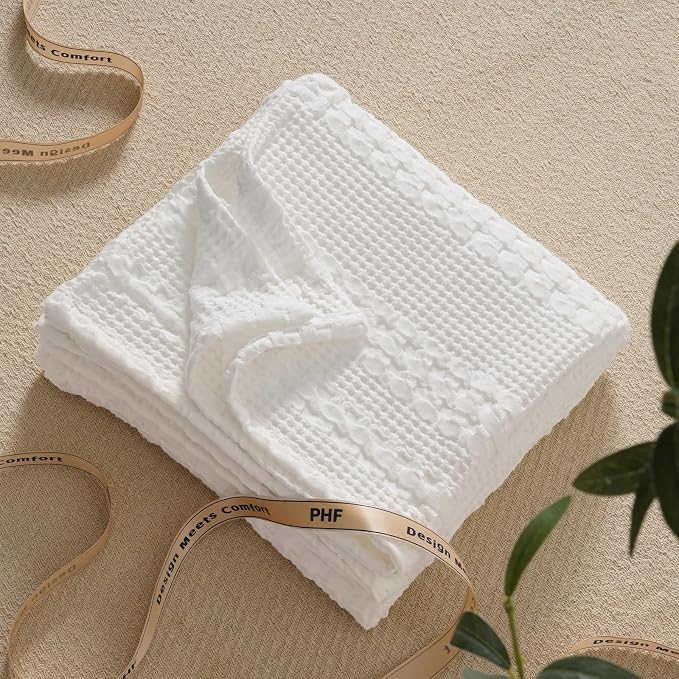 PHF 100% Cotton Waffle Weave Throw Blanket, Lightweight Breathable Summer Blanket for Couch Sofa, Pre-Washed Soft Throws for Bed, Office, Travel & Stylish Home Decor, 50"x60", White