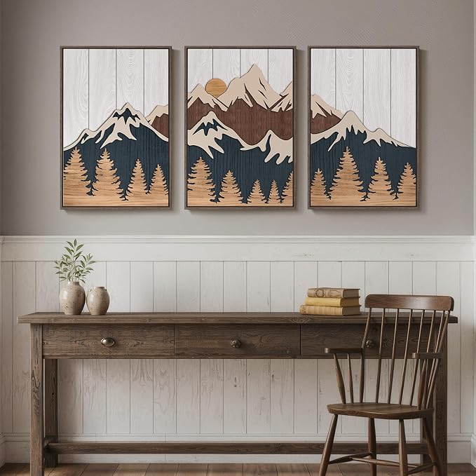 Framed 3D Wood Mountain Textured Wall Art for Living Room, 3 Piece Farmhouse Modern Wood Artwork for Walls, Landscape Mountain Forest Sun Wall Art Decor for Home Office Bedroom Hallway, 16x24 Inch