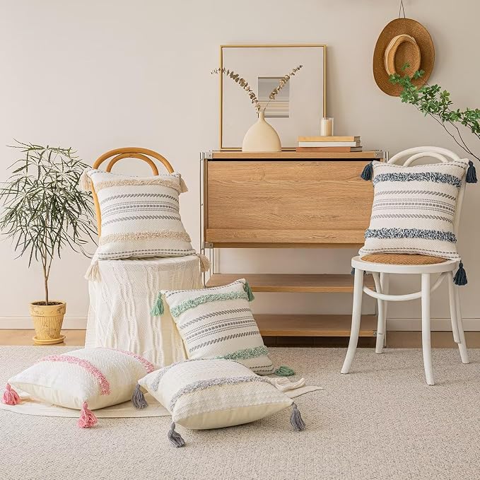BUIOVBEY Boho Throw Pillow Covers Woven Tufted Pillow Cases with Tassels | Farmhouse Pillow Covers 20x20 Set of 2 Textured Striped Cushion Case Neutral Decorative Pillowcase for Sofa Couch Light Green