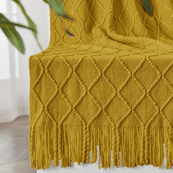 inhand Golden Palm Knitted Throw Blanket for Couch and Bed, 50"x60" | Soft Living Room Home Decor Knitted Blanket, Tassel, Outdoor Lightweight Breathable , Farmhouse Warm Woven Decorative