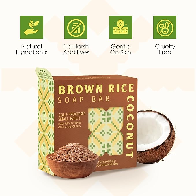 Brown Rice & Coconut Milk 2-in-1 Soap Bar (4.2 oz) | Gentle Exfoliation & Nourishing Cleanse | Cold-Processed, Handmade in Vietnam for Smooth, Fresh Skin