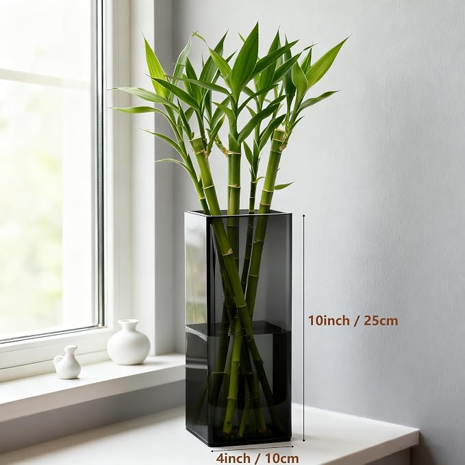 Acrylic Square Flower Vase, Non-breakable Vase, 4" x 4" x 10" Tall Grey Vases for Flower, Large Cube Floral Plant Container, Planter Terrarium for Wedding Party Event, Home Office Decor