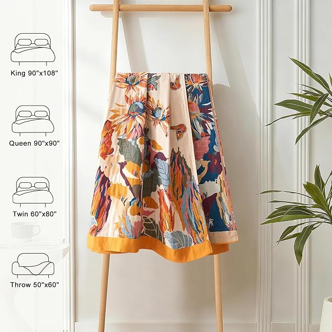LUTBM Boho Throw Blanket for Bed 60"x80", 100% Cotton Couch Summer Blankets | Reversible Floral Butterfly Jacquard, All-Season Quilt, For Chair Sofa Living Room, Lightweight Breathable Gauze, Boho Decor