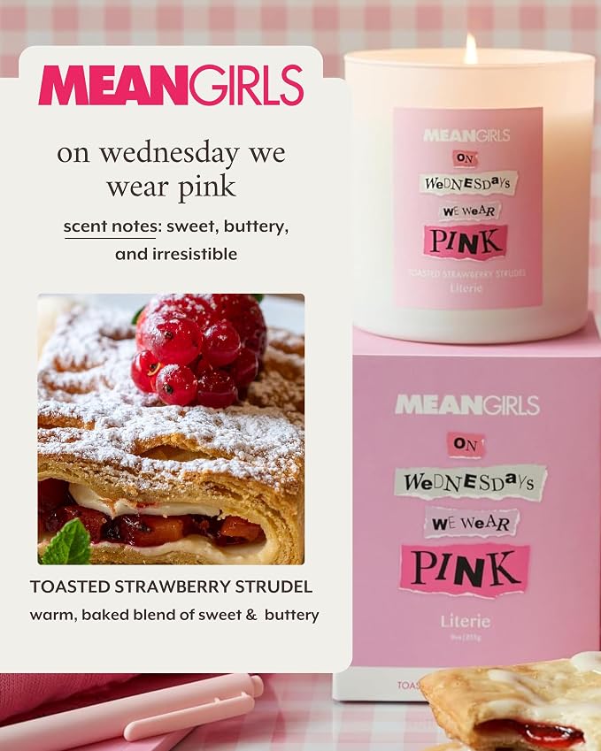 Literie Mean Girls Inspired Scented Candle: On Wednesdays We Wear Pink - Toasted Strawberry Strudel Scented, 9oz, 50 Hour Burn, Vegan Soy & Coconut Blend Candle for Home Decor, Gift for Women & Men