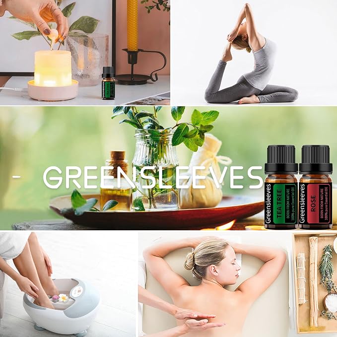 GREENSLEEVES Rose and Tea Tree Essential Oil Set, 2 x 10ml Pure Plant-Based Fragrance Oil for Aromatherapy, Essential Oils for Diffuser, Massage, Bath Bomb, Scented Candle Soap Making