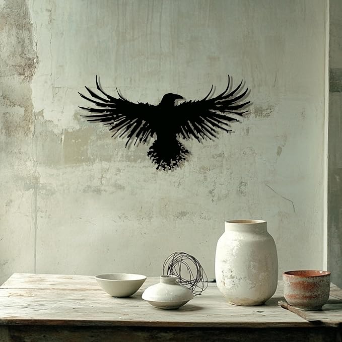 Metal Raven Wall Art, 3D Viking Crow Decor for Gothic Home, Black Outdoor | Striking 3D raven/crow sculpture, gothic & viking inspired, weatherproof for both indoor and outdoor display