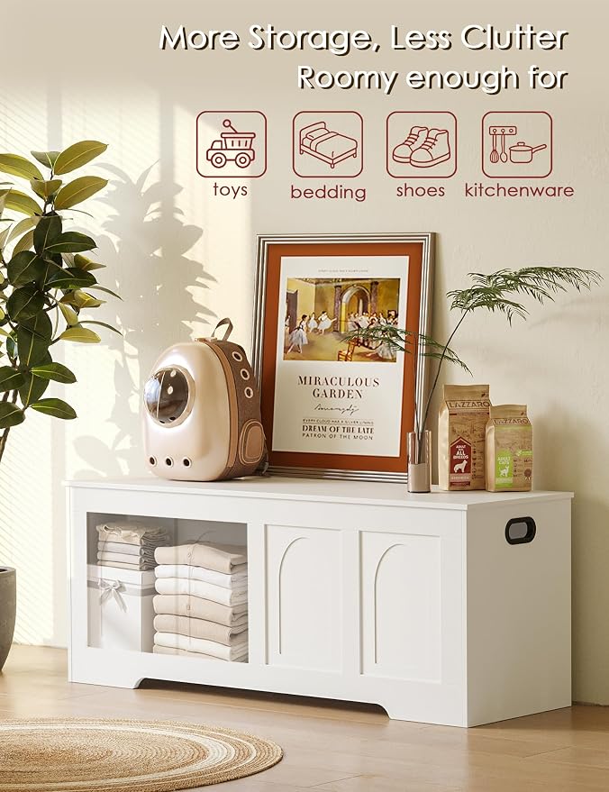 Storage Chest, Wooden Toy Box, White 50.0" L | Extra Large Storage Bench, 2 Soft-close Hinges, Finger-safe Flip-Top Lid, Easy Assembly, Farmhouse Trunk, Living Room/Bedroom