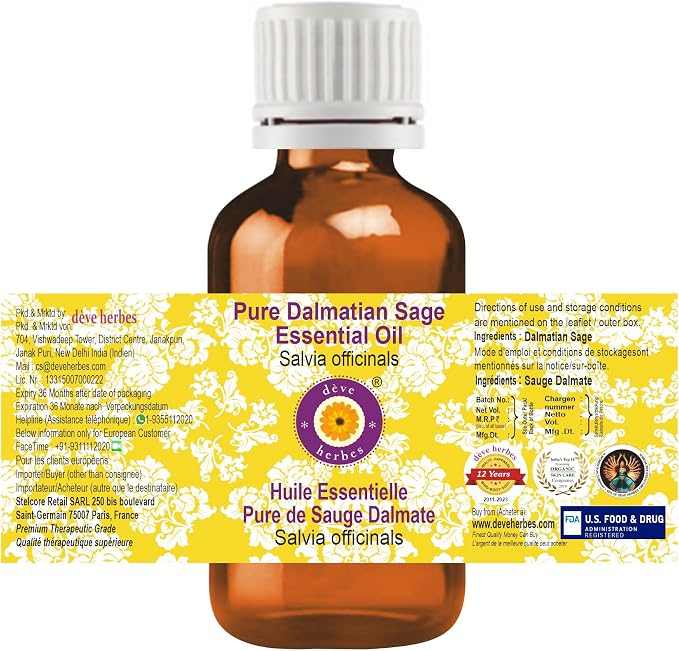Deve Herbes Pure Dalmatian Sage Essential Oil (Salvia officinals) Steam Distilled 50ml (1.69 oz)