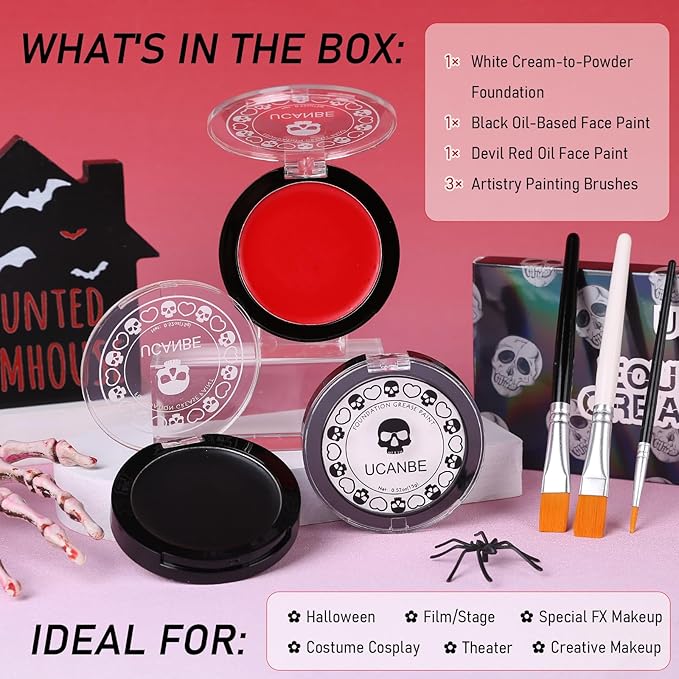 Goth White Foundation + Black Red Face Body Paint for Halloween Makeup, Face Painting Kit with Brushes Facepaint Set for Kids Adults Clown Vampire Skull SFX Make Up Costume Cosplay Party Theater Stage