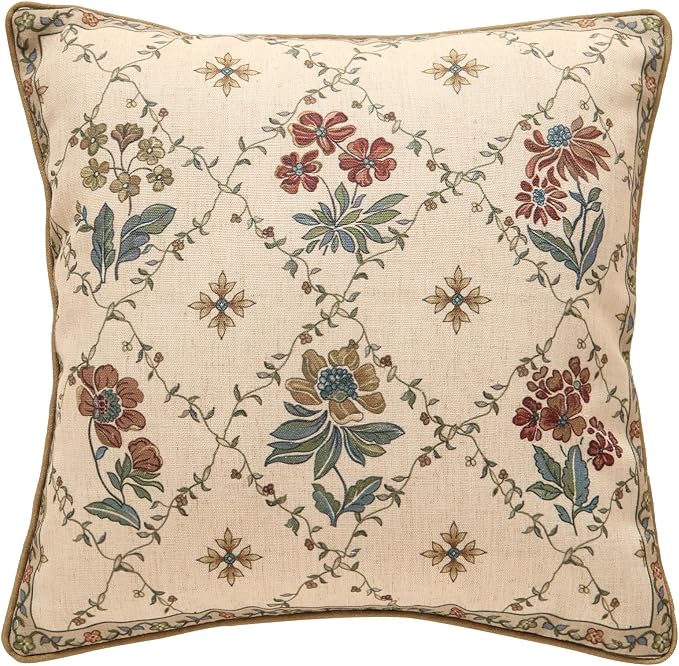 patdrea Designer French Vintage Linen Throw Pillow Cover,18"x18"-Audrey A | Decorative Pillow Case with Zipper,Brown Floral Pattern,Pillow Cover for Couch Living Room Bedroom Sofa