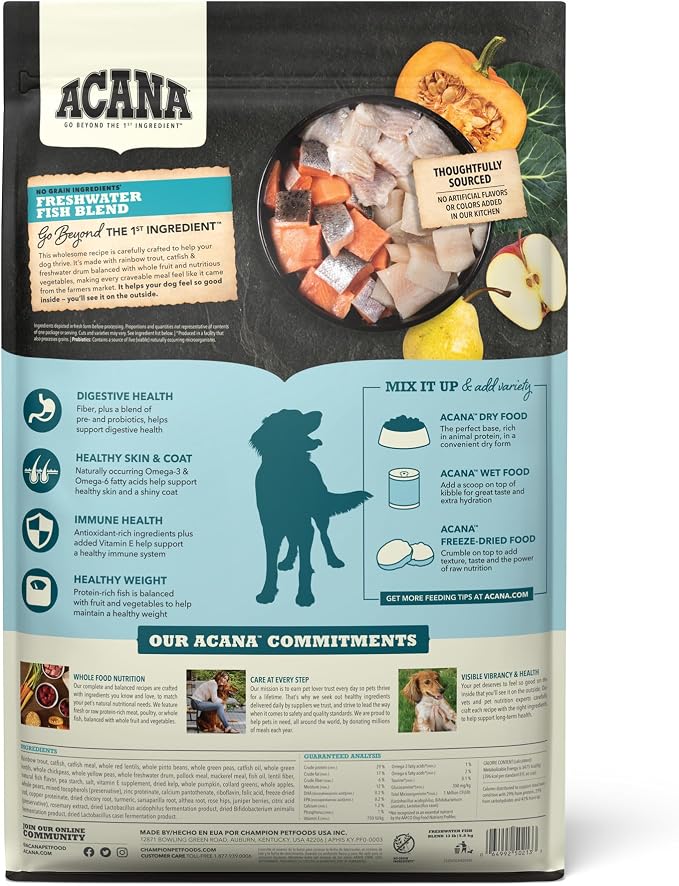 ACANA Grain Free Dry Dog Food Freshwater Fish Recipe 13lb Bag | Freeze Dried, Grain Free, High Protein, Made in the USA, Global Quality Ingredients, Nutrients and Flavor Preserved