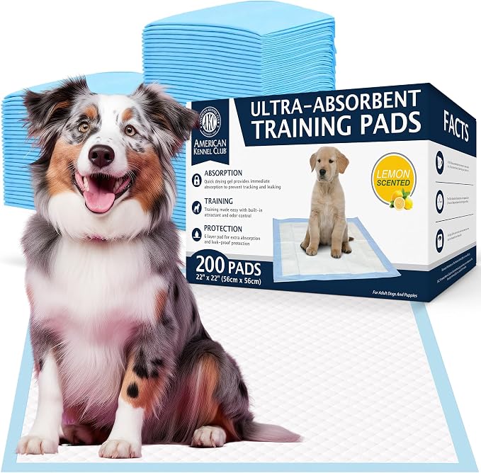 AKC Puppy Training Pads, 22" x 22", Lemon Scented, 200 Count | Scented dog pee pads help control odors with ultra absorbent quick-dry gel, leakproof layers and potty training protection.