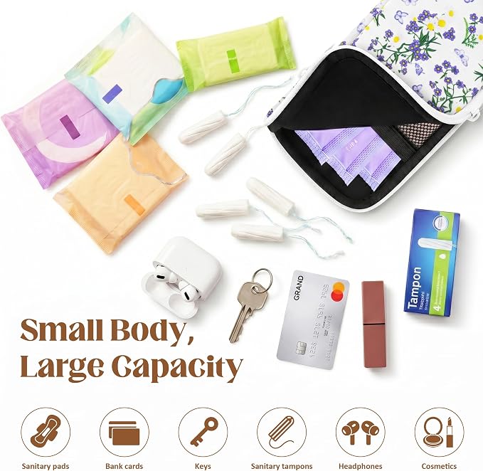 2 Pack Portable Tampon Holder Zippered Pouch with Snap Hook, Waterproof Travel-Friendly Discreet Period Bag, Feminine Products Organizer for Women Purse (Floral)