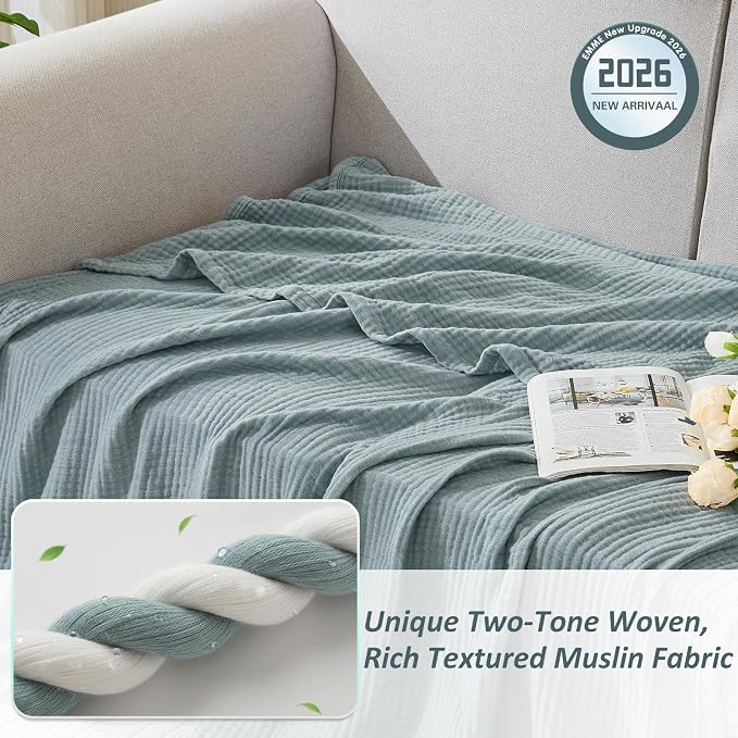 EMME Muslin Blankets for Adults, Cotton Large Throw Blanket 4-Layer, Couch Breathable Gauze Soft Lightweight Bed Blankets, Two-Tone Weave Design, Pre-Washed Softer Touch (Heather Teal, 50"x70")