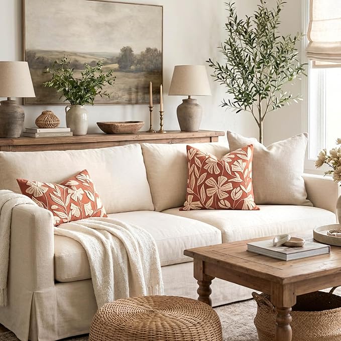 Lumbar Pillow Cover 12x20 Inch, Rust Terracotta Floral Tufted Velvet Decorative Accent Pillow Case for Sofa Bed Living Room, Cover Only