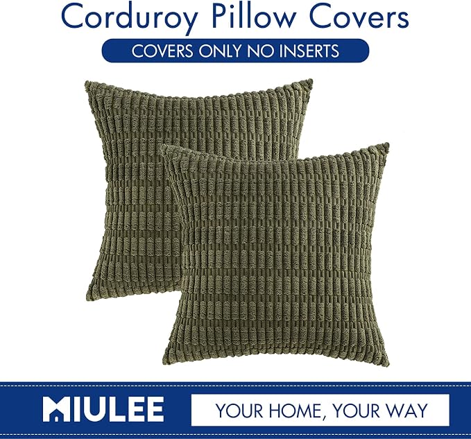MIULEE Corduroy Decorative Throw Pillow Covers 20x20 Olive Green Pack of 2 | Soft Boho Striped Pillow Covers Modern Farmhouse Home Decor For Sofa Living Room Couch Bed