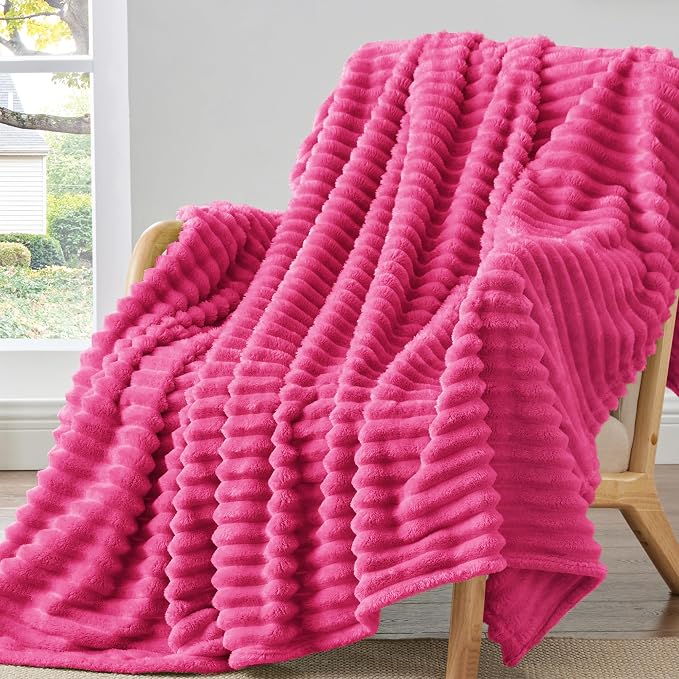 BEDELITE Striped Fleece Throw Blanket, Hot Pink, 50"x60" | 300GSM Microfiber Fleece, Soft Cozy, Lightweight Warm, Double-Sided Plush, Machine Washable, Gift, Room Decor, for Couch Sofa