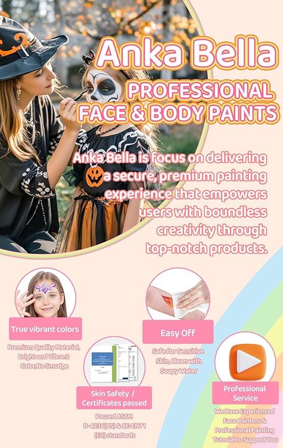 Anka Bella Professional Water Activated 6x30gm Face Paint for Kids & Adults,Washable Non toxic Rainbow Cake Face Painting Kit with Stencils & Brushes Ideal for Easter/Parties/Halloween/Carnival