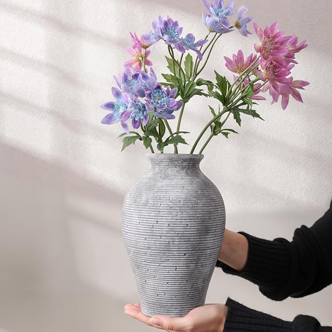 Ceramic Flower Vase Home Decor, 9 in Farmhouse Table Vases Rustic Vintage Living Room Kitchen Bedroom Pottery Decorative Vases for Flowers House Book Shelf Office Coffee Desk Dining Entryway, Grey