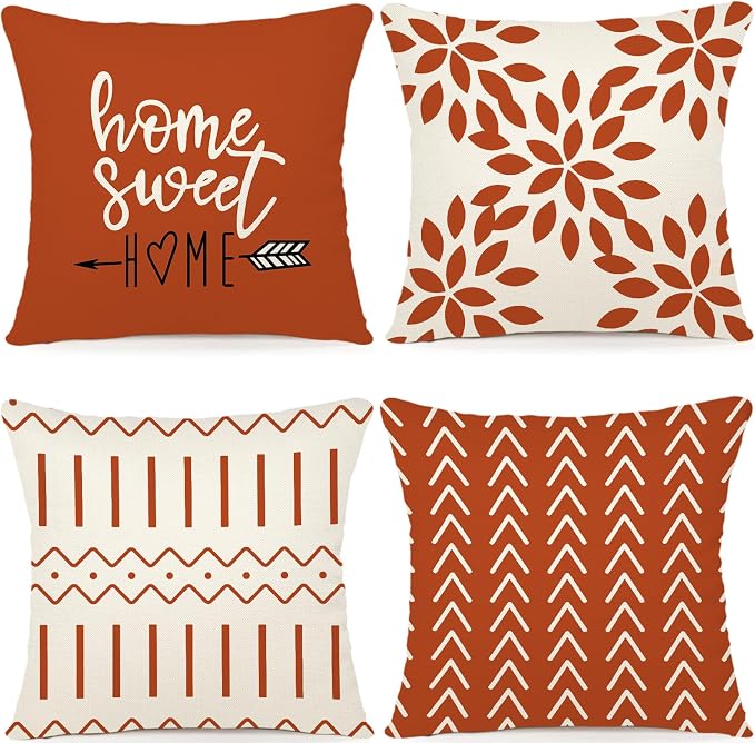 YCOLL Burnt Orange Linen Pillow Covers 16x16 Set of 4, Home Sweet Home Farmhouse Throw Pillow Covers, Holiday Decorative Cushion Covers for Sofa Couch Bed, Autumn Burnt Orangeic Fall Decor