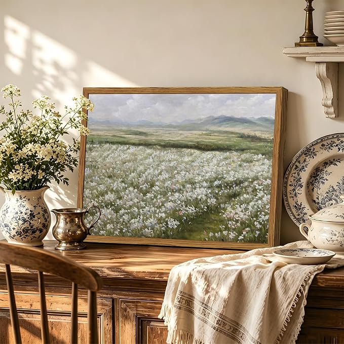 Framed Vintage Landscape Wall Art, Country Wildflower Field Pictures Wall Decor, Rustic Nature Flower Paintings Canvas Prints Farmhouse Home Decor for Living Room Bedroom Bathroom 12x16 inch